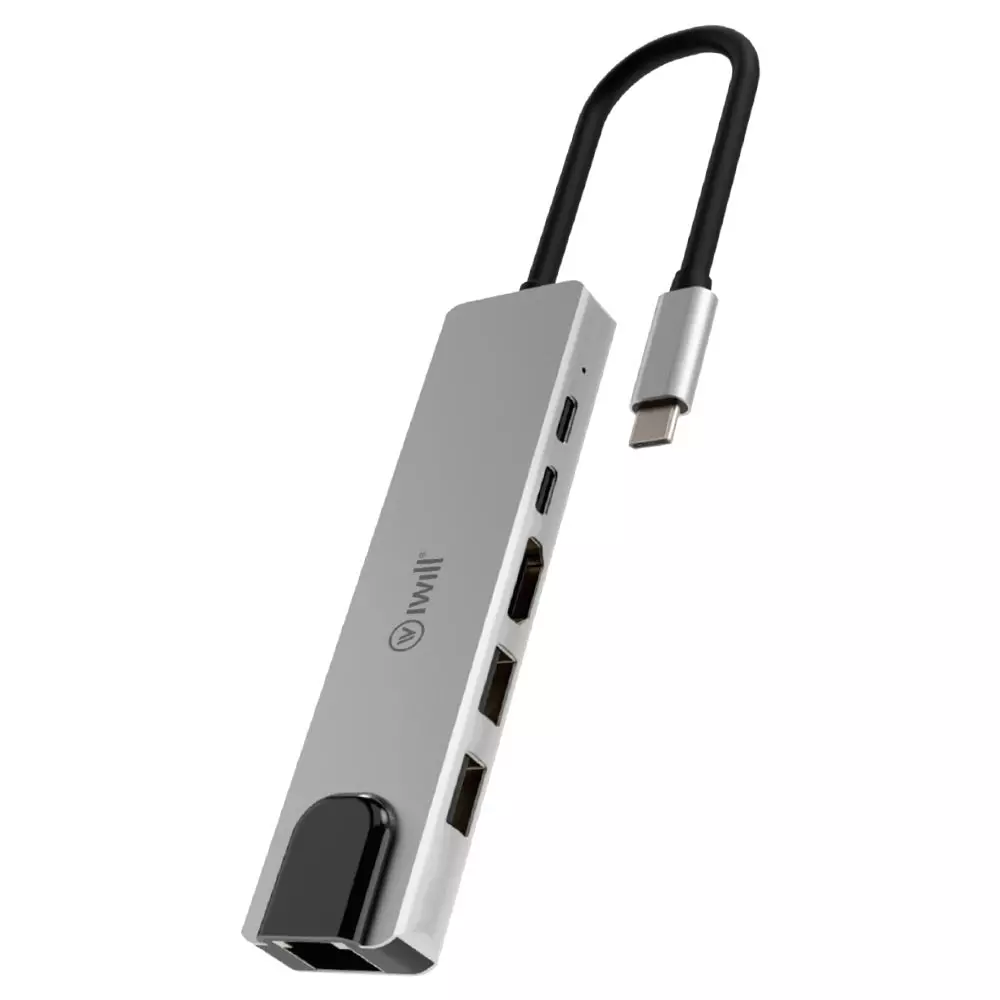 Hub USB-C Plus - Adaptador 6 em 1: HDMI, 2 USB, 2 USB-C, RJ45 - iWill