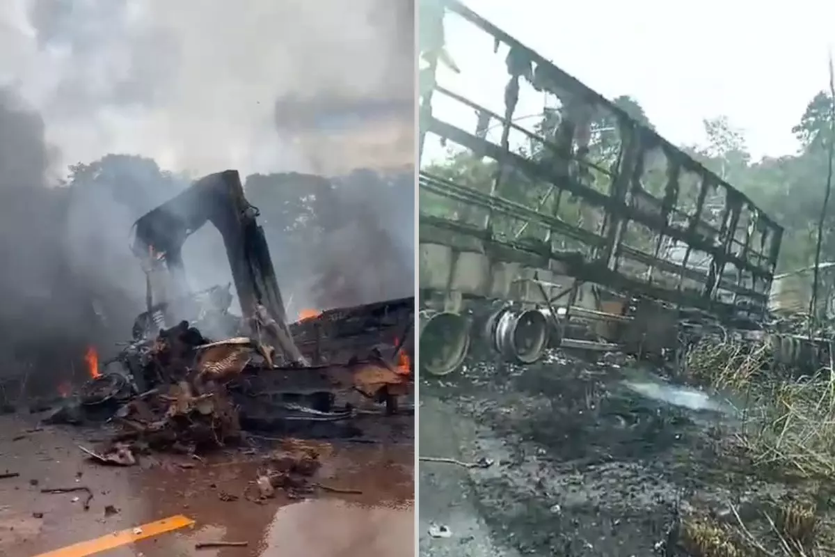 VIDEO: Dois motoristas morrem carbonizados em batida frontal no Mato Grosso - pai tenta salvar filho queimando em acidente - imagens