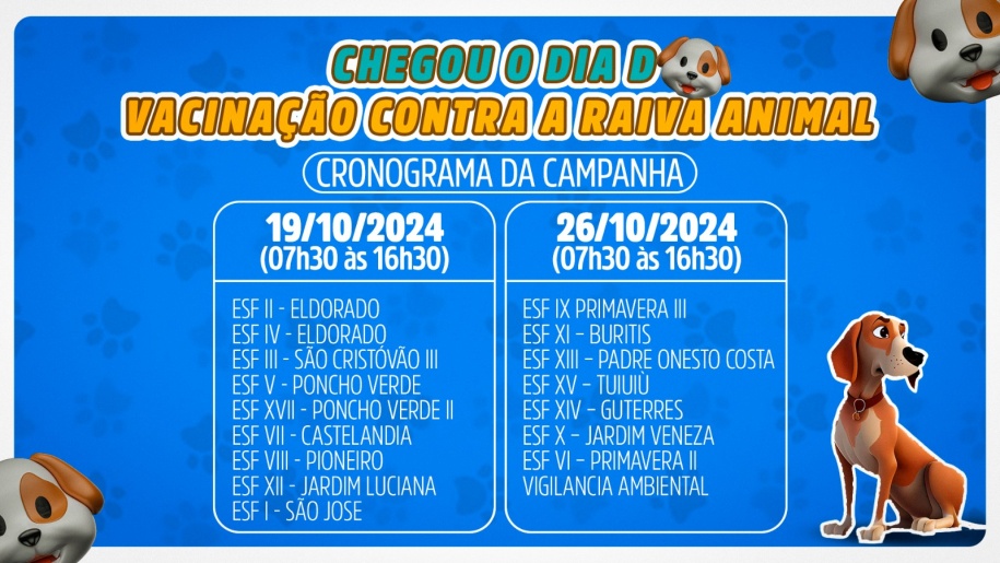 Dia D de vacinação contra raiva animal acontece nos dias 19 e 26 de outubro em Primavera do Leste