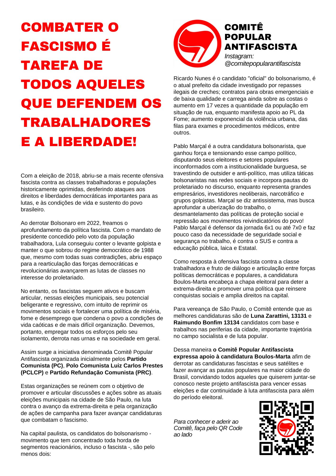 São Paulo-SP: combater o fascismo é tarefa de todos aqueles que defendem a liberdade e os trabalhadores!