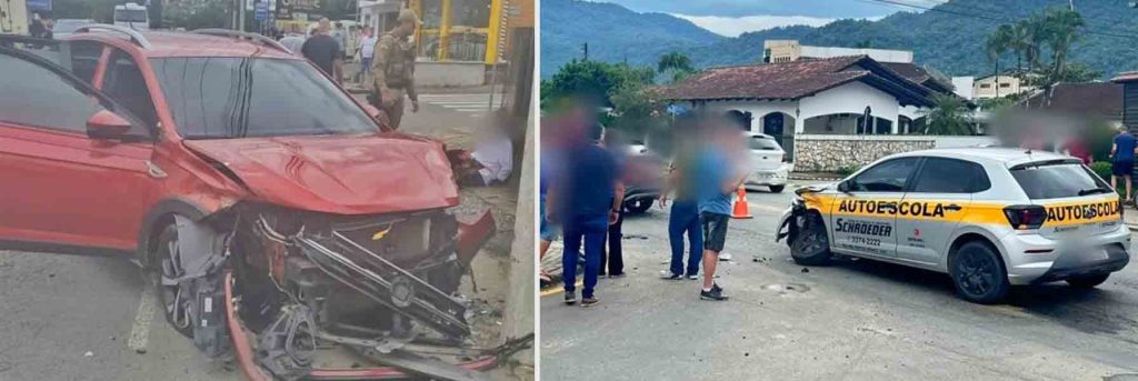 Carro em fuga bate em veículo de autoescola e termina com três detidos em Schroeder