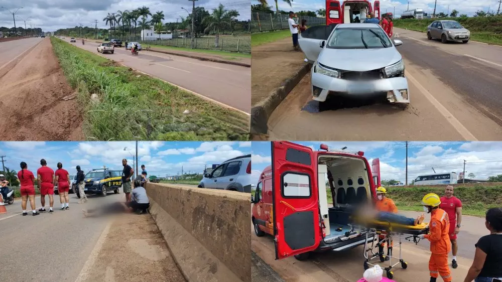 Corolla ocupado por família cai de barranco após atingir mulher na BR-364