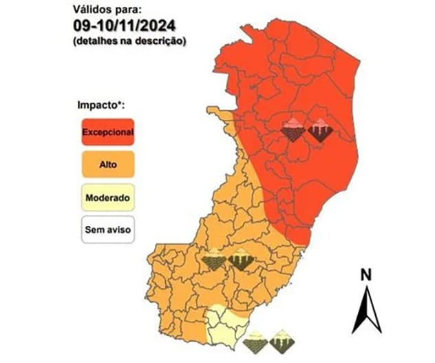 Alerta excepcional para chuvas volumosas em regiões do ES.