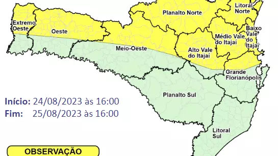 SC terá declínio acentuado das temperaturas entre a tarde de quinta e sexta-feira