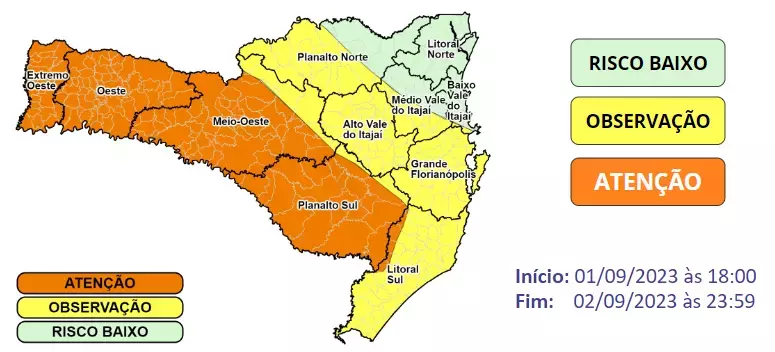 SC está em alerta laranja para chuva forte, granizo, enxurradas e risco de deslizamentos