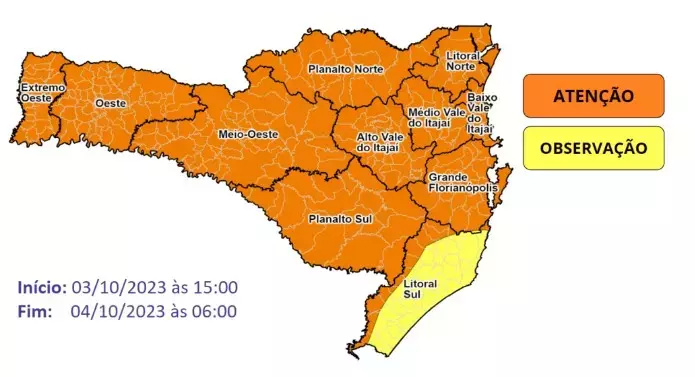 SC recebe alerta para chuvas torrenciais, rajadas de vento e risco de enxurradas