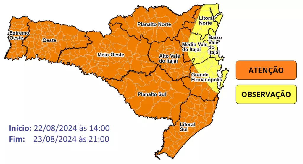 Defesa Civil de SC alerta para declínio acentuado das temperaturas entre esta quinta e sexta-feira