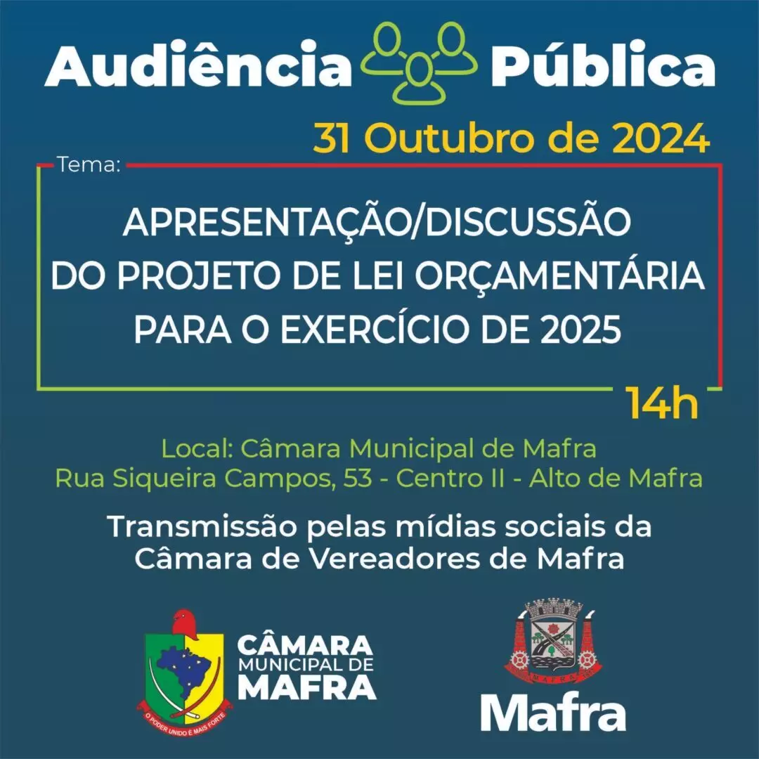 Audiência Pública de Lei Orçamentária 2025 para Mafra acontece na próxima quinta