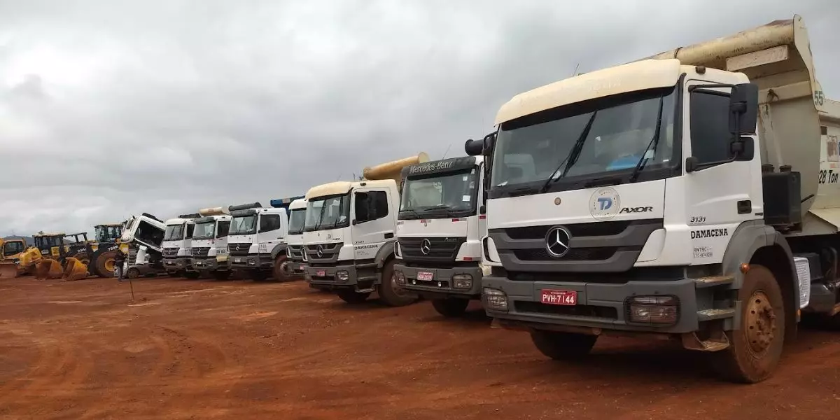 A foto mostra uma frota de caminhões basculante da Transportes Damacena