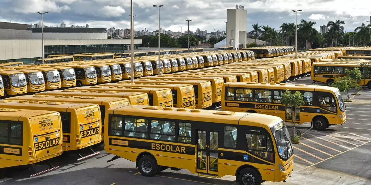 A foto mostra uma frota de ônibus escolar da IVECO BUS