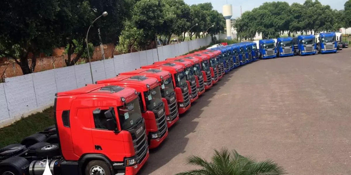 A foto mostra uma frota de caminhões da Ademir Transportes