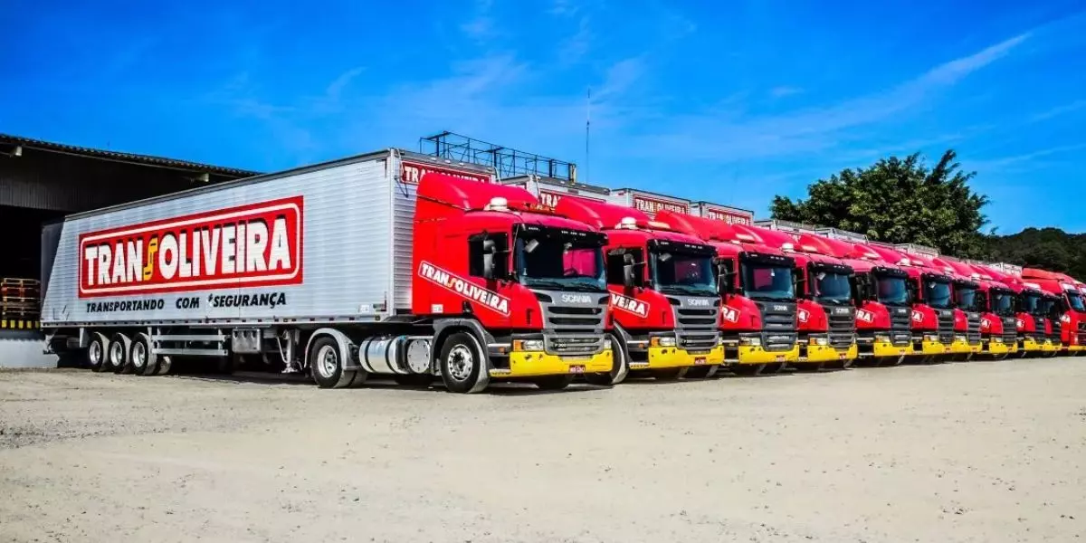 A foto mostra uma frota de caminhões da Transoliveira