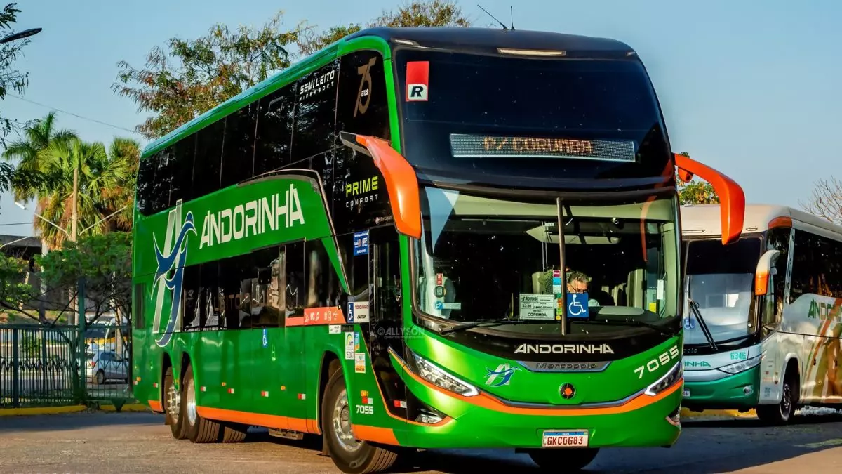 A foto mostra um ônibus rodoviário da Empresa Andorinha