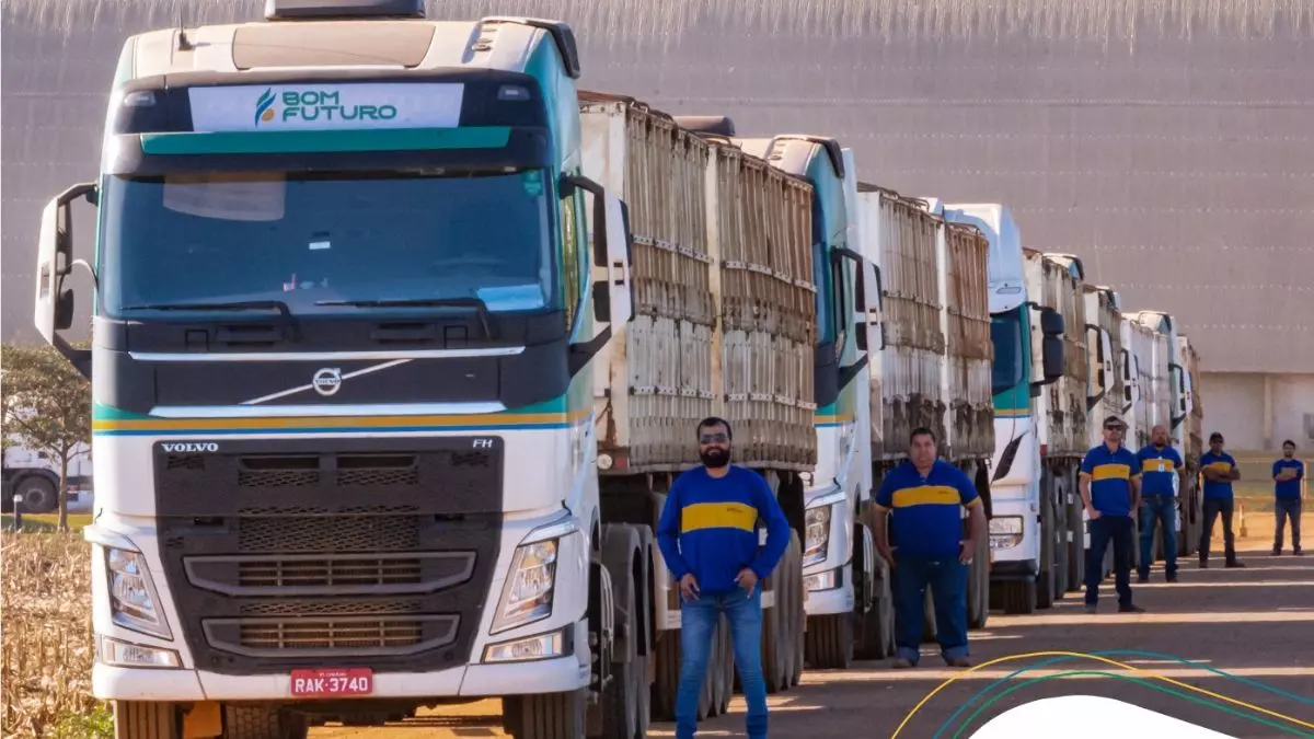 A foto mostra uma frota de carretas da Transportadora Bom Futuro