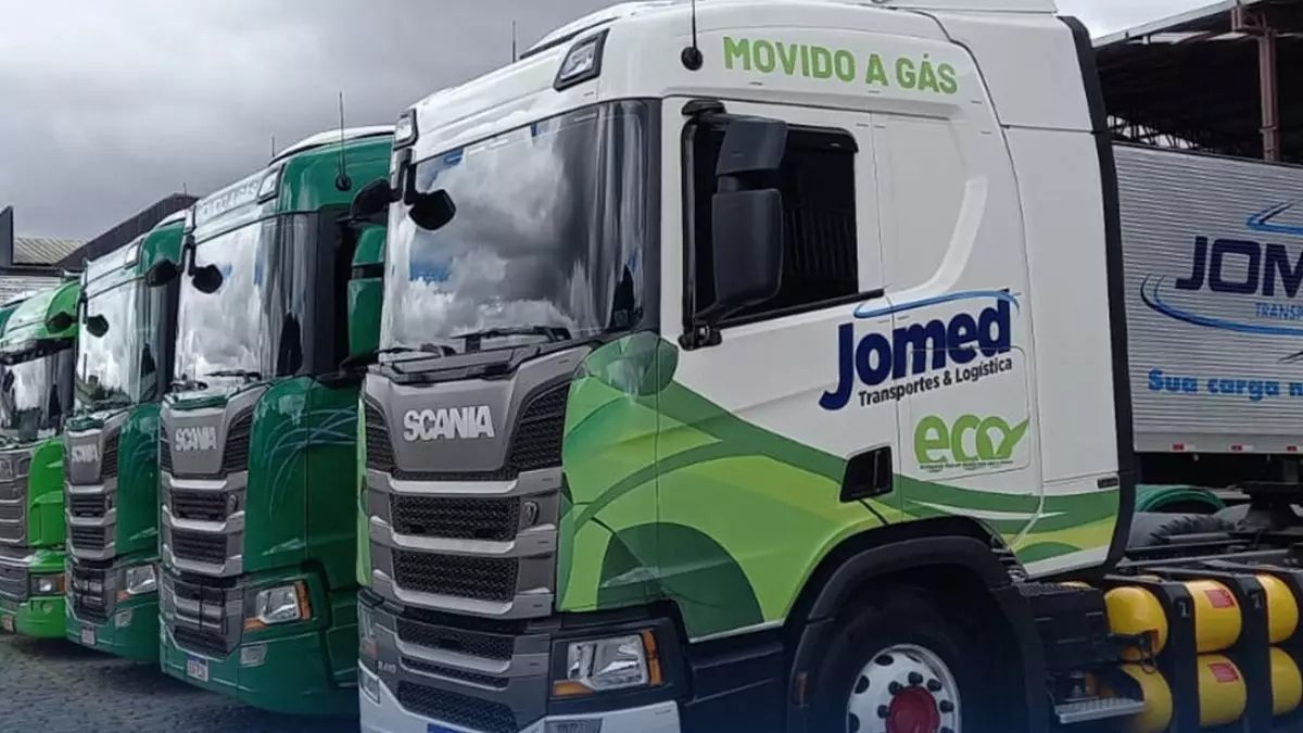 A foto mostra uma frota de caminhões da Jomed Transportes