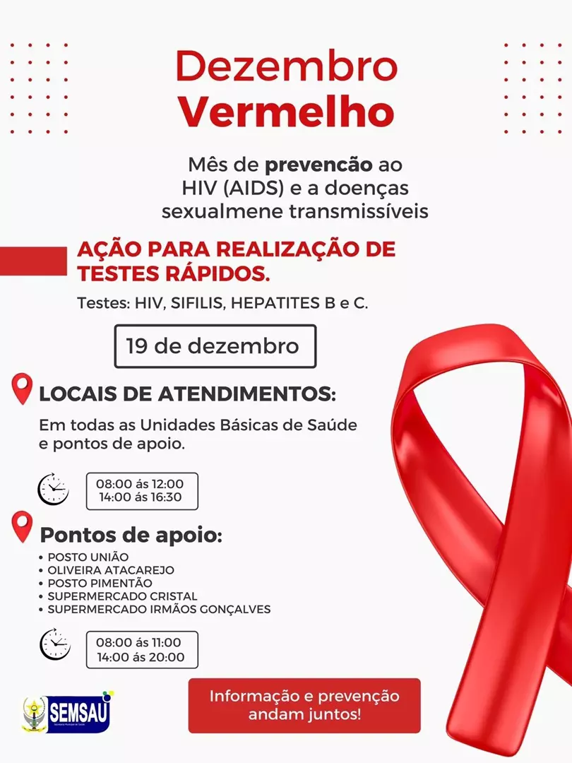 ATENÇÃO PIMENTA BUENO, VEM AÍ CAMPANHA DEZEMBRO VERMELHO, MÊS DE PREVENÇÃO AO HIV.