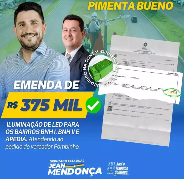 Deputado Jean Mendonça libera R$ 375 mil para troca de iluminação pública em Pimenta Bueno