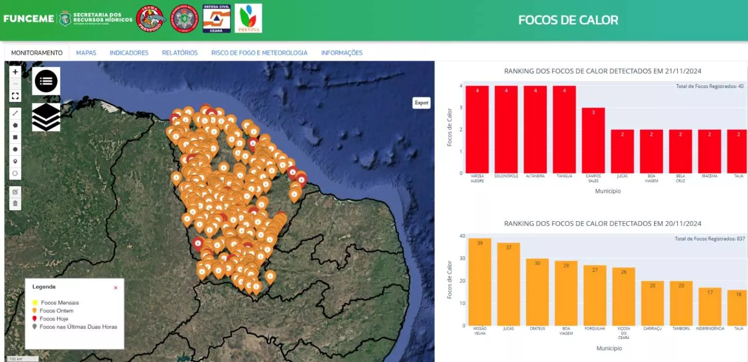 Funceme lança nova plataforma de monitoramento de focos de calor do Ceará