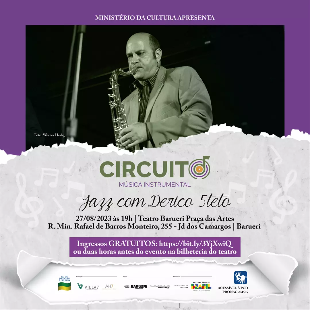 'Circuito Música Instrumental' apresenta show de jazz com Derico 5teto, em Barueri