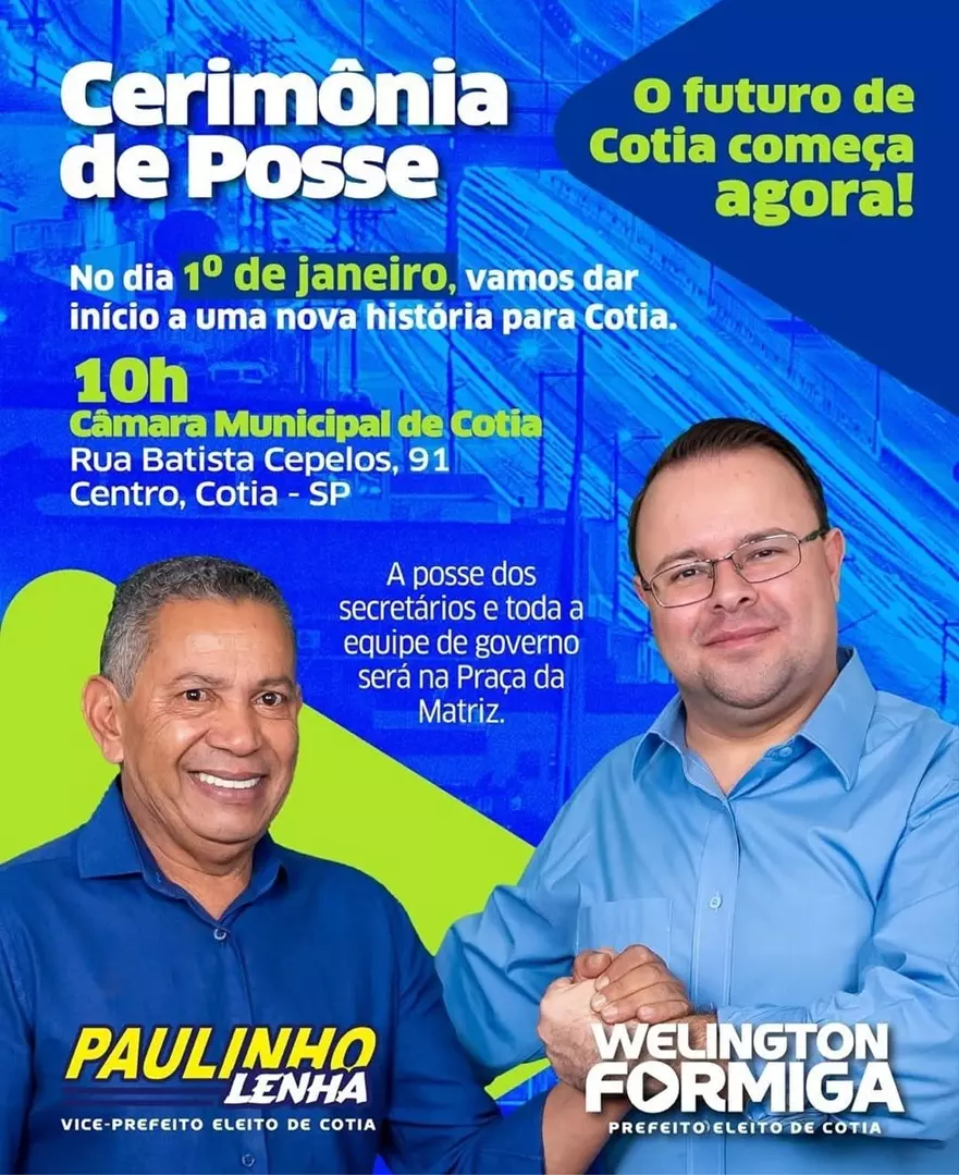 A posse de Welington Formiga como prefeito marca o início de uma nova era para a cidade de Cotia