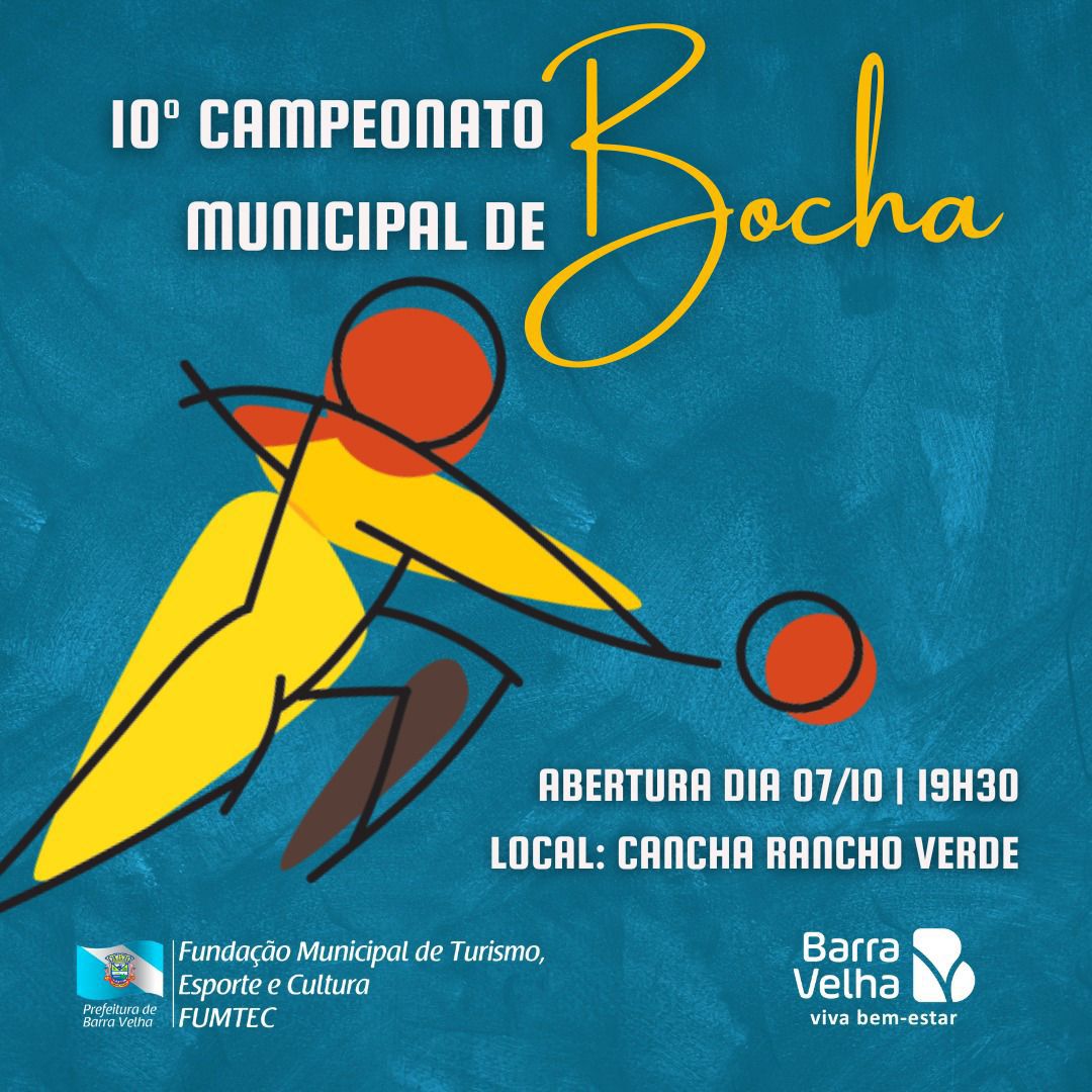 A Prefeitura de Barra Velha, por meio da Fundação Municipal de Turismo, Esporte e Cultura, tem o prazer de anunciar o início do 10º Campeonato Municipal de Bocha!