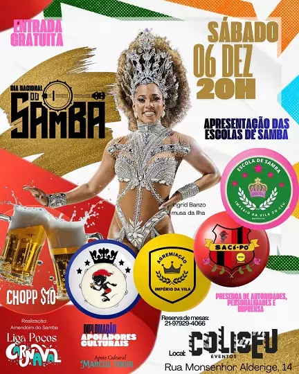 ESCOLAS DE SAMBA DE POÇOS DE CALDAS - MG, CELEBRAM O “DIA NACIONAL DO SAMBA” NO COLISEU EVENTOS NESTE SÁBADO, 06 DE DEZEMBRO