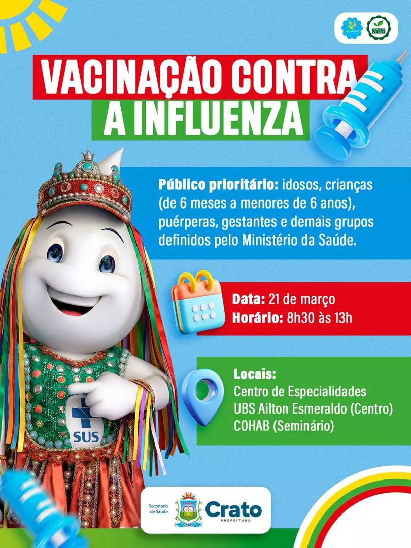 Crato inicia campanha de vacinação contra a Influeza neste sábado, 21