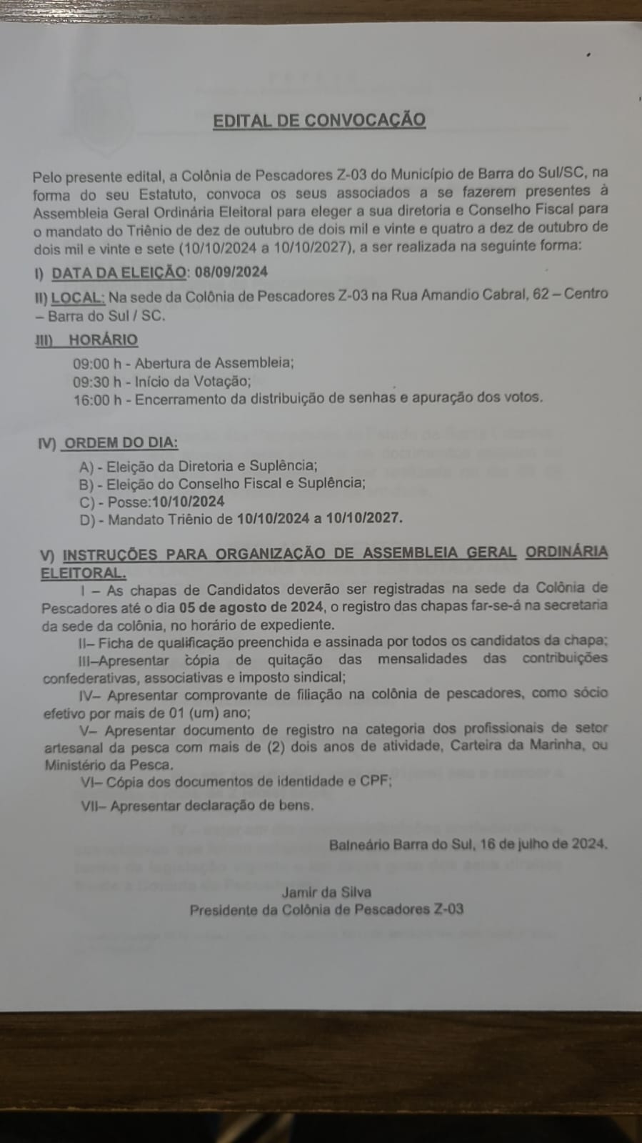 Edital de Convocação do Município de  Balneário Barra do Sul